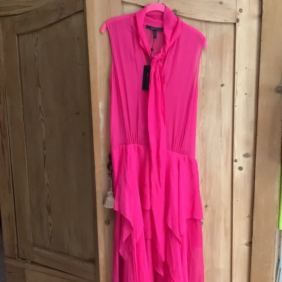 BCBG Basha Begonia Barbie Pink Bow Tie Long Silk Sheer Chiffon Tiered Maxi Dress